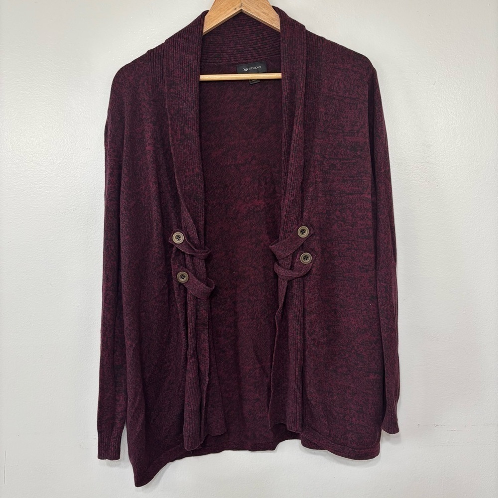 AB Studio Heathered Burgundy Black Open Front Cardigan Sweater Size XL